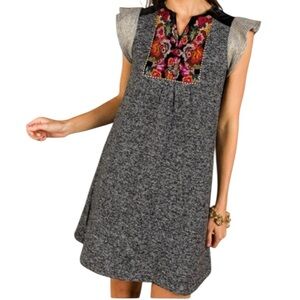 THML Embroidered Shift Gold Flutter Sleeve With Black Velvet Collar Knit Dress